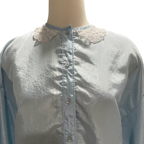 Vintage Light Blue Blouse L Lace Peter Pan Collar Cottagecore Romantic Coquette - Picture 5 of 8